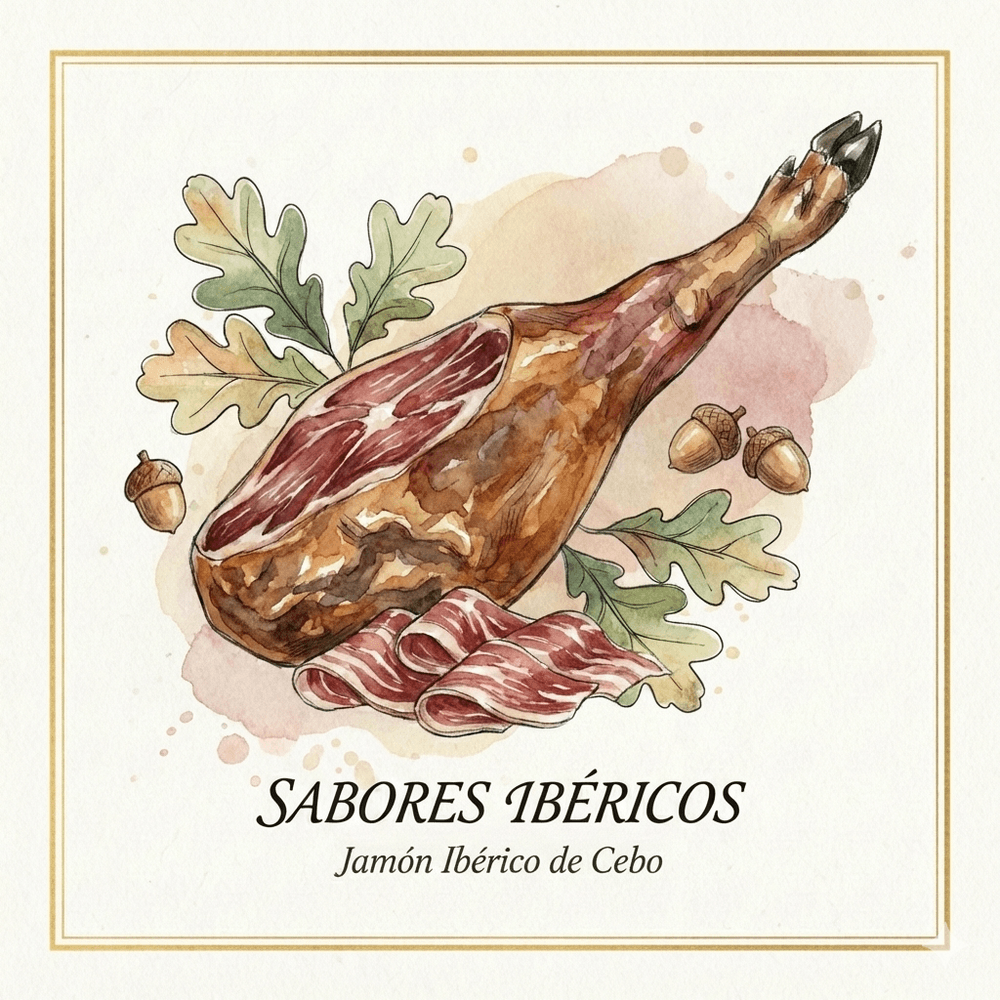 Watercolour illustration of a leg of Jamón Ibérico de Cebo with acorns and oak leaves